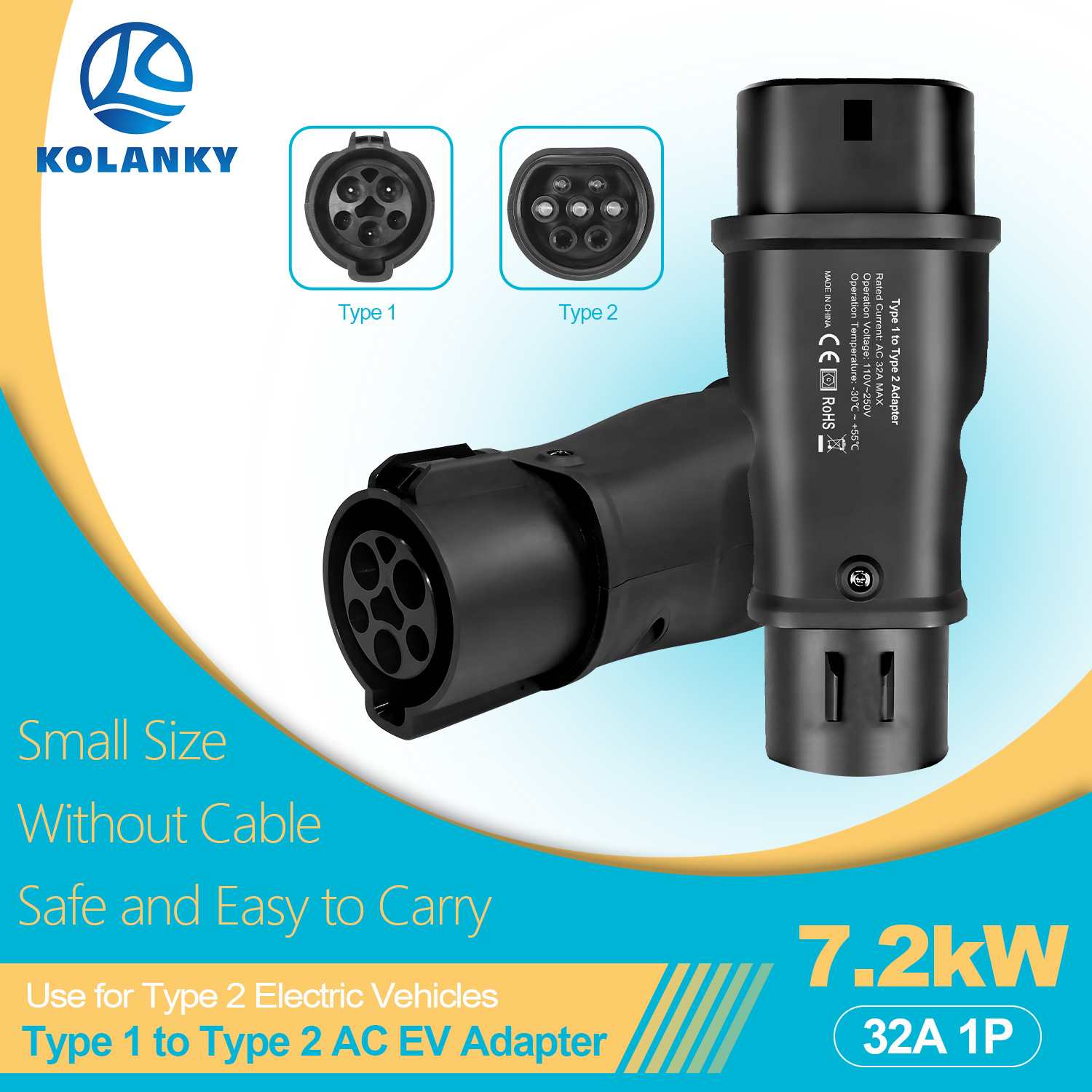 Ev Charger Adapter - Kolanky 7.2KW 32A 1P Type1 to
